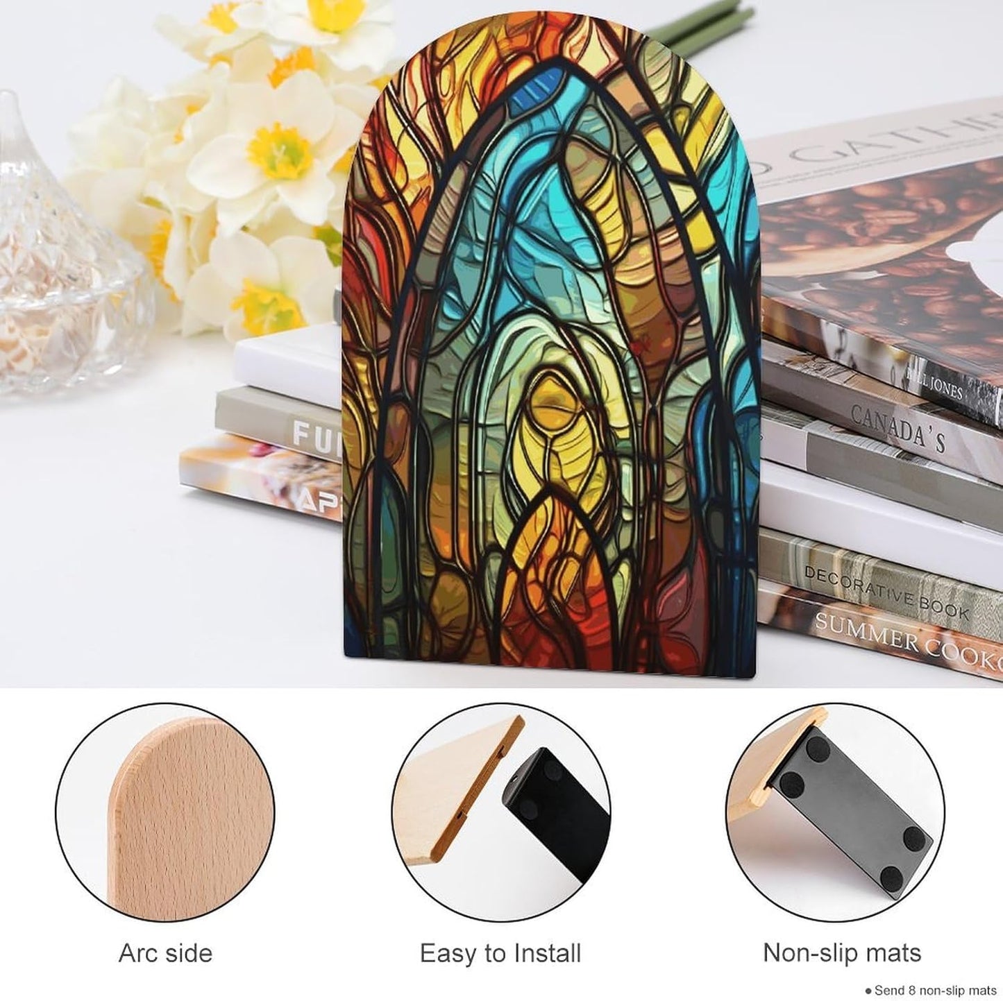 Stained Glass Art Bookend for Shelves Wooden Book End Large Size Sturdy Book Holders Stoppers with Metal Base for Bookshelves Slick Decorative Bookends Stands