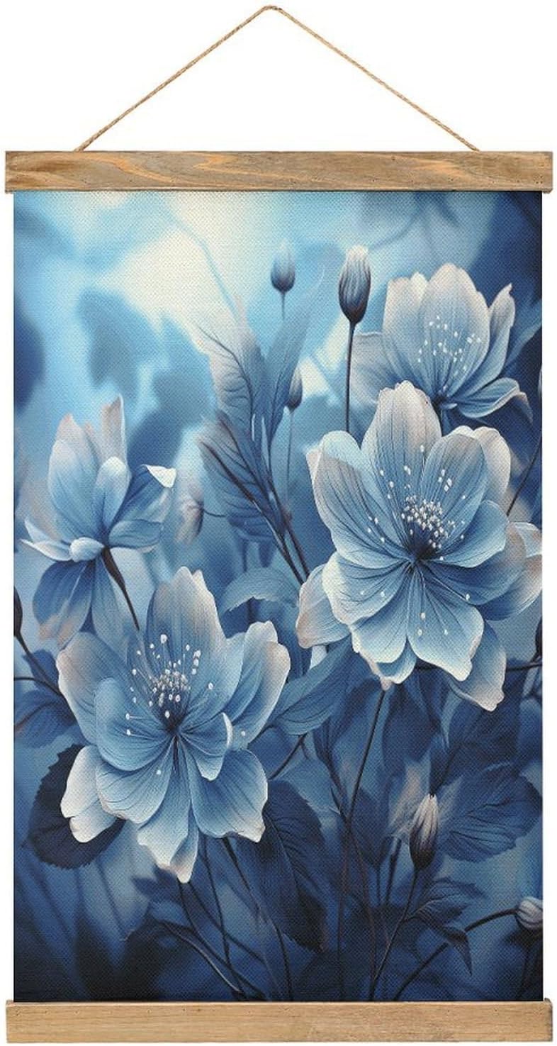 Vintage Blooming Blue Flowers Poster with Wooden Frame Personalized Linen Hanging Scroll Painting Rustic Wall Hanging Illustrative Modern Artwork Decor for Home Living Room Bedroom Office