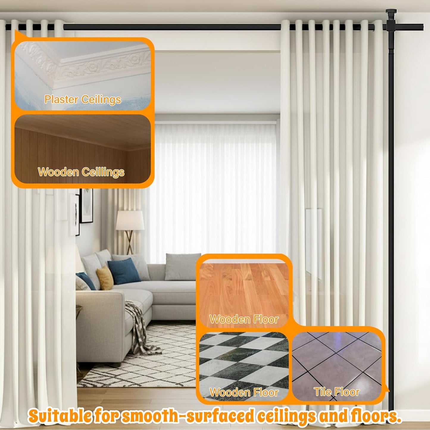 Room Divider Curtain Rod, No Drilling Wall Divider for Room Separation, 4-10ft(H) 28-171inch(W) Adjustable Heavy Duty Partition Space Separator Tension Curtain Stand(Black)