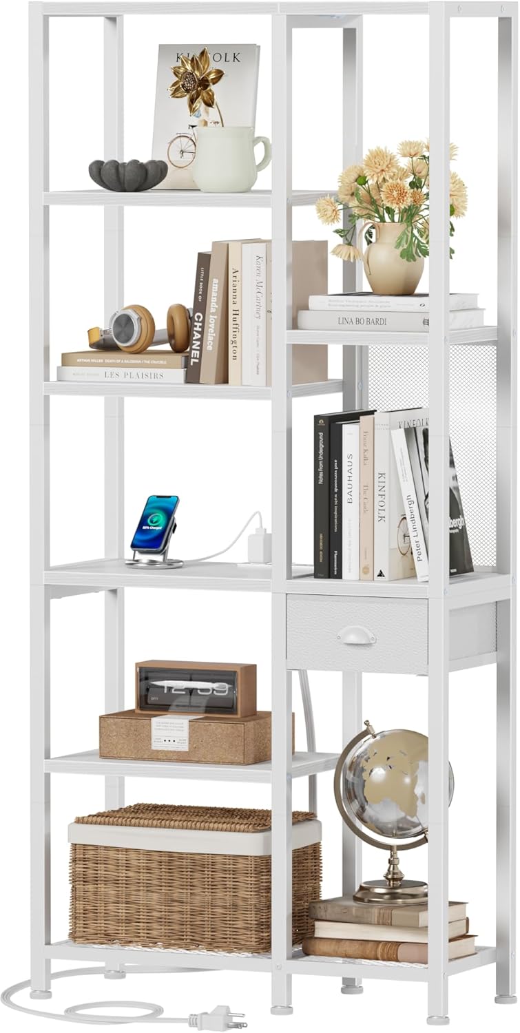 Furologee 6 Tier Bookshelf with USB Ports and Power Outlet, Book Shelf with Charging Station, Bookcase with Drawer, Storage Shelves for Bedroom,Home Office, Living Room, Bathroom, White
