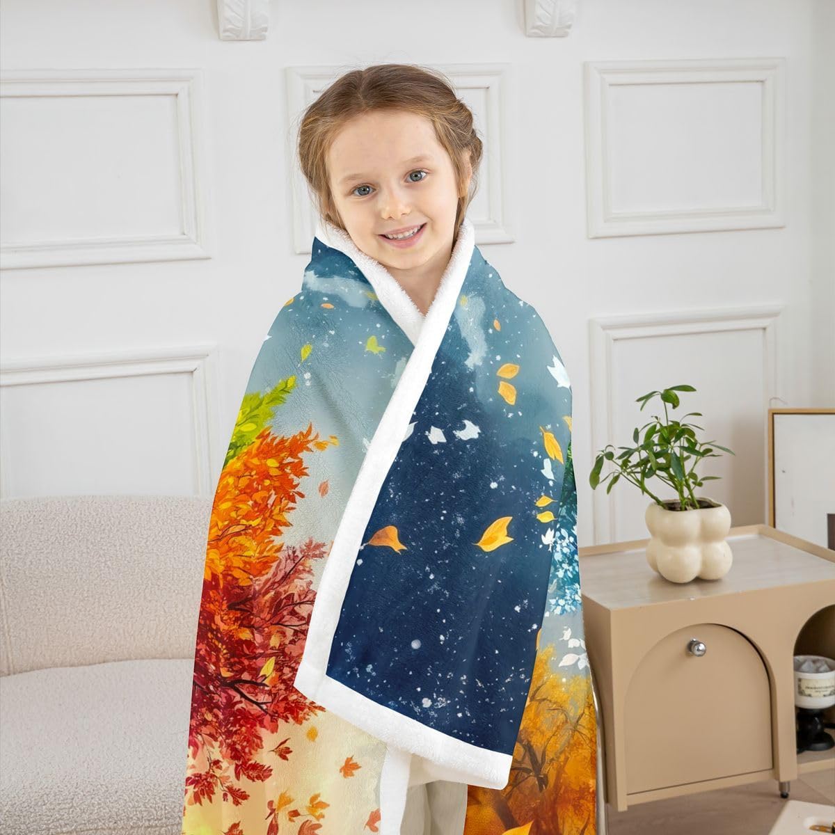 Manfei Life Tree Throw Blanket Book Reading Lover Soft Cozy Fluffy Blanket for Bed Sofa Couch Rustic Style Fall Leaves Blankets Plush for Kids Adults Room Decor 30"x40" Orange Blue