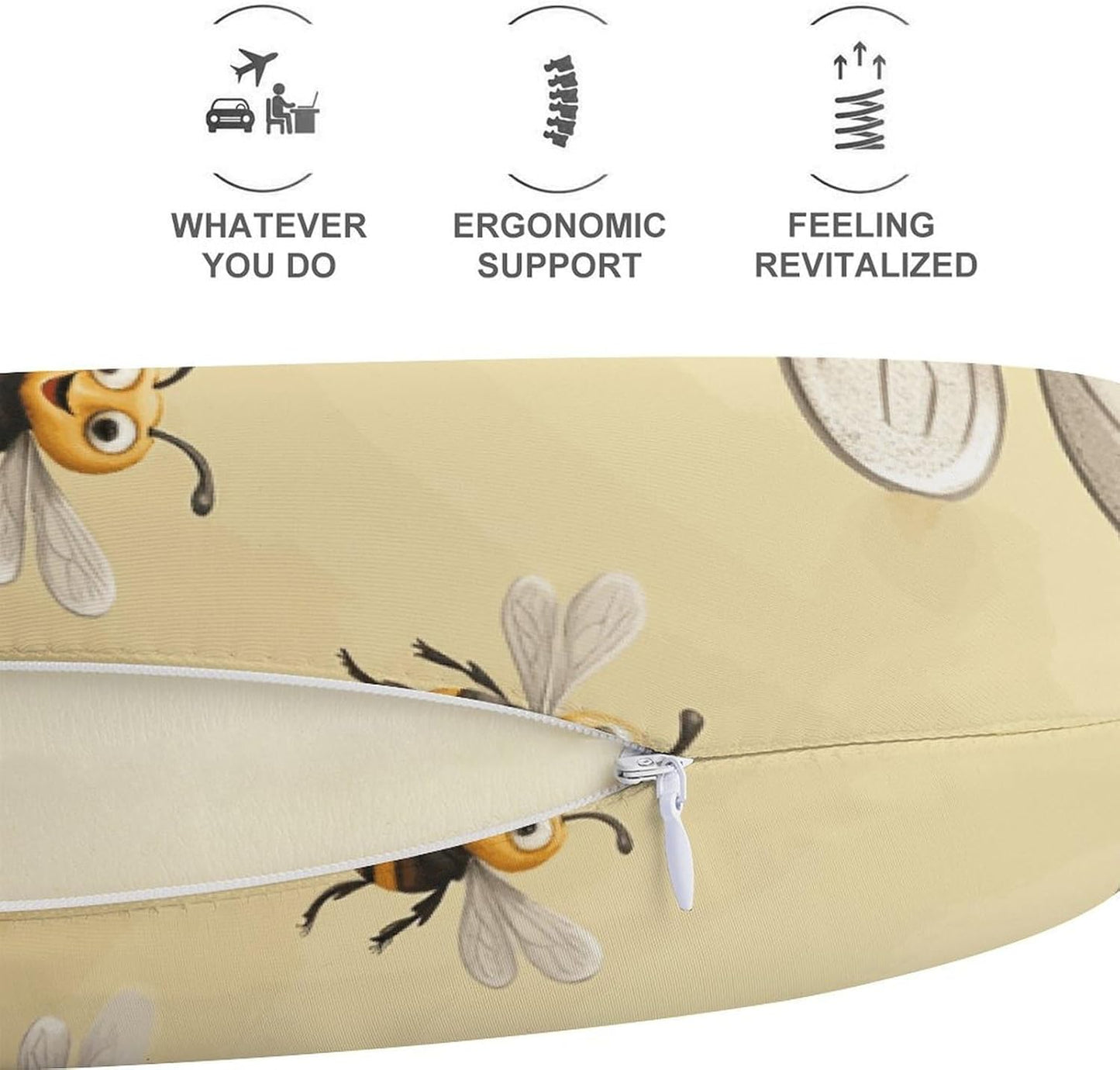 Honey Bee Neck Pillow Memory Foam U Shaped Pillows Portable Pillows for Shoulder Travel Head Support Pillow with Concealed Zipper for Airplane Car Home Office