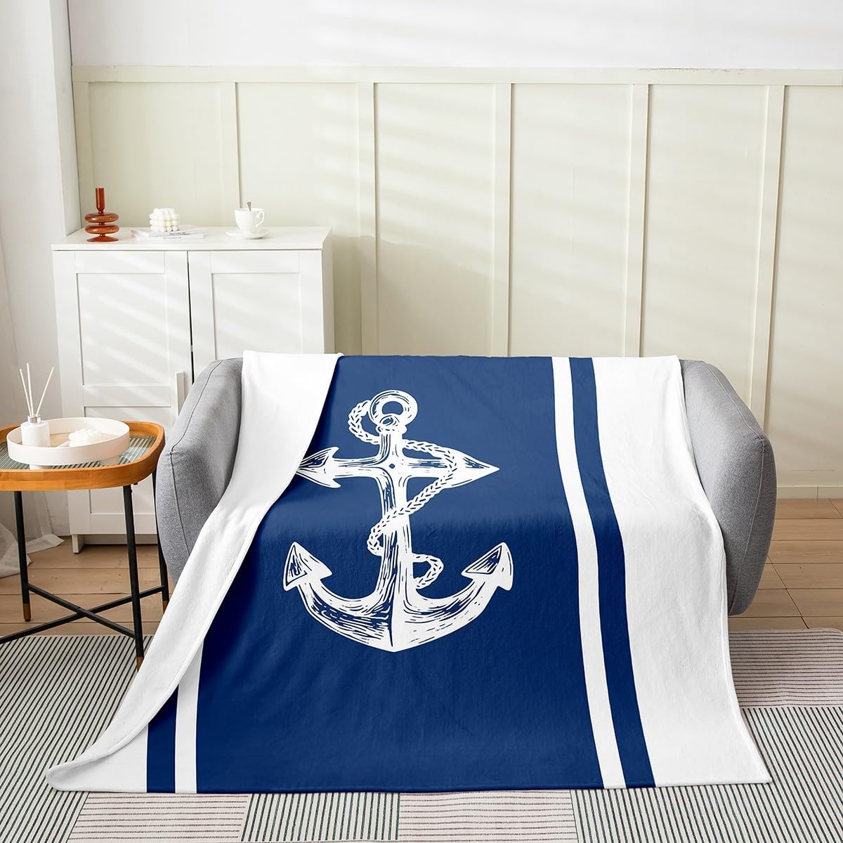 Feelyou Anchor Decor Stripes Blue White Flannel Fleece Throw Blanket 40"x50" Ocean All Season Bed Blanket for Sofa Couch Nautical Themed Fuzzy Blanket Breathable Nautical Plush Blanket Room Decor