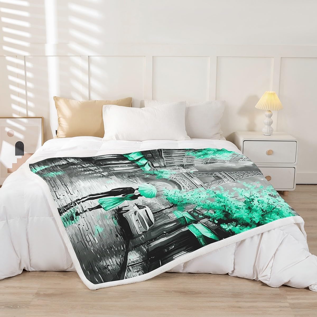 Erosebridal Eiffel Tower Blanket Throw 50x60 for Couple,Paris of France Throw Blanket,Romantic City Pattern,Watercolor Oil Painting Paris Decor,Mint Green Valentine Gifts