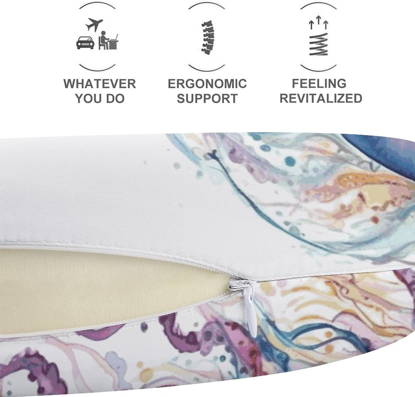 Watercolor Jellyfish Neck Pillow Memory Foam U Shaped Pillows Portable Pillows for Shoulder Travel Head Support Pillow with Concealed Zipper for Airplane Car Home Office