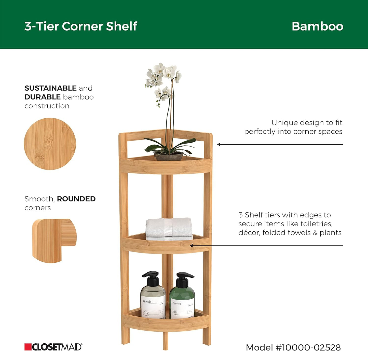 ClosetMaid Corner Shelf, 3 Tiers with Display Shelves, Floor Standing Bookshelf, Small Space Shelving Unit, Plant Stand, Bamboo Wood