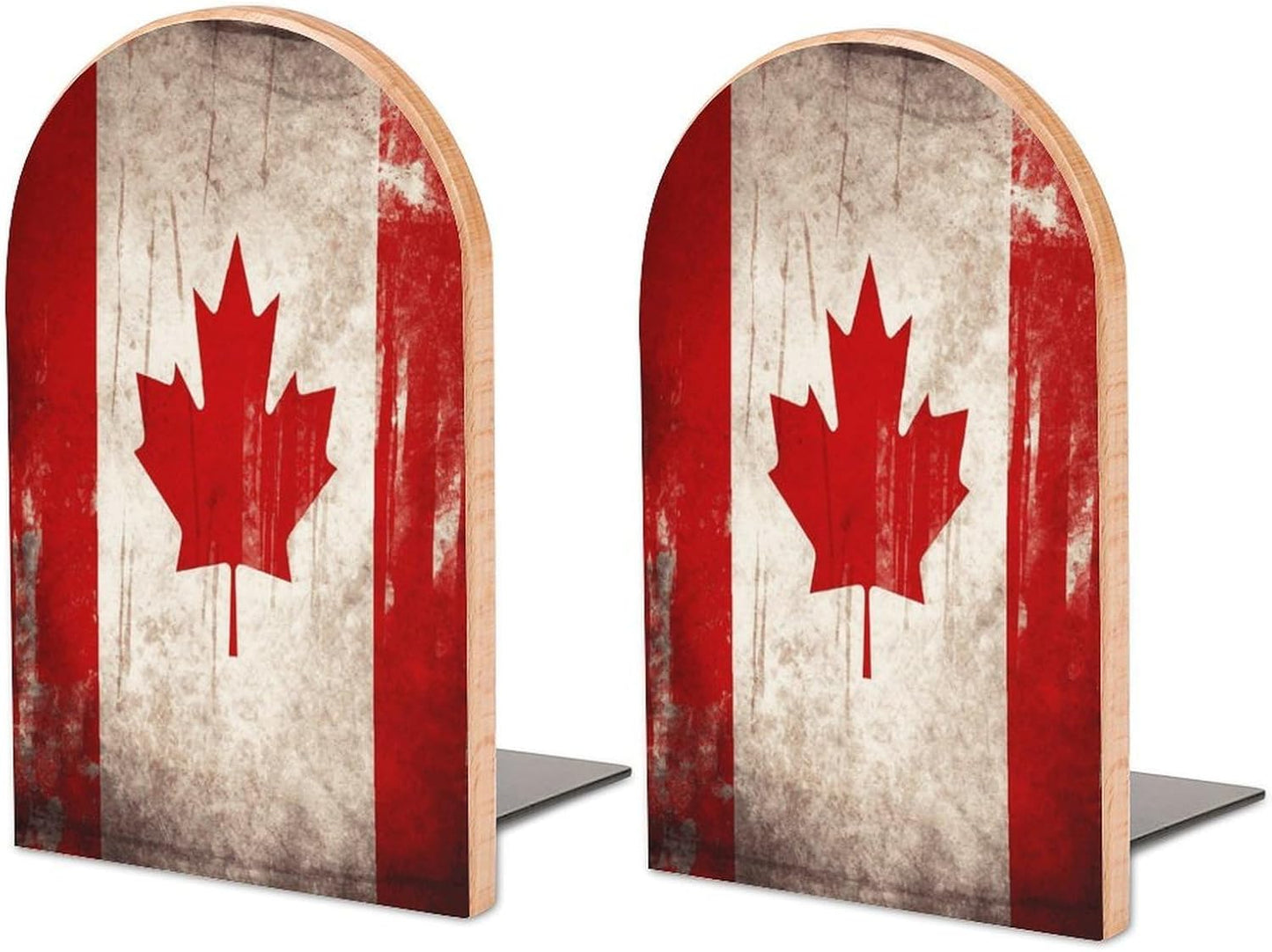 Retro Canada Flag Bookend for Shelves Wooden Book End Large Size Sturdy Book Holders Stoppers with Metal Base for Bookshelves Slick Decorative Bookends Stands