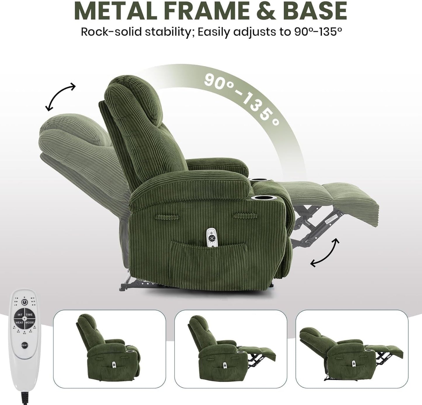 Green Corduroy Power Recliner Chair with Heat Massage 8-Point Vibration Dual Cup Holders Side Pocket Metal Frame Electric Chairs for Living Room Bedroom Home Theater