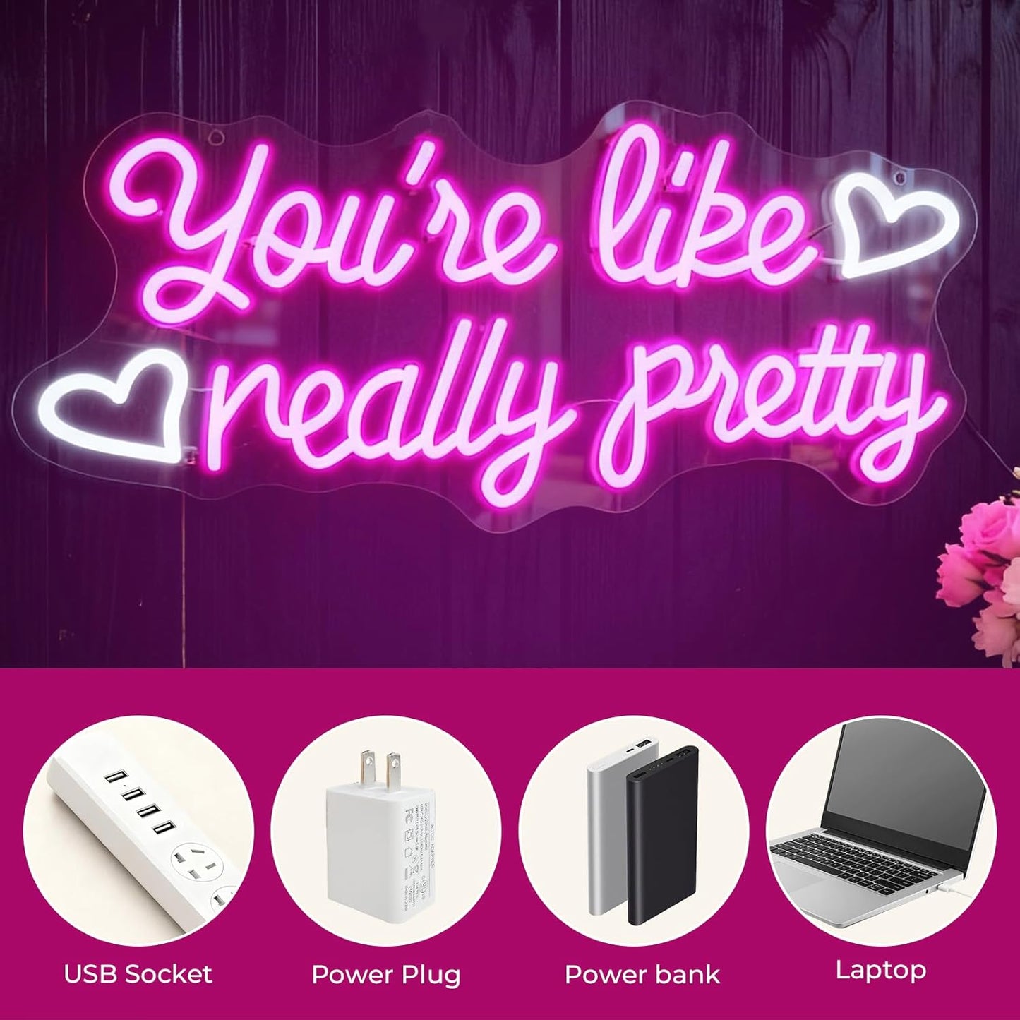 You're Like Really Pretty Neon Sign, 16.5 * 7.8 Inches Led Sign, Neon Signs for Wall Decor with Dimmable Switch, USB Power Light up Sign, Pink Neon Lights for Teen Girls Bedroom, Salon, Party