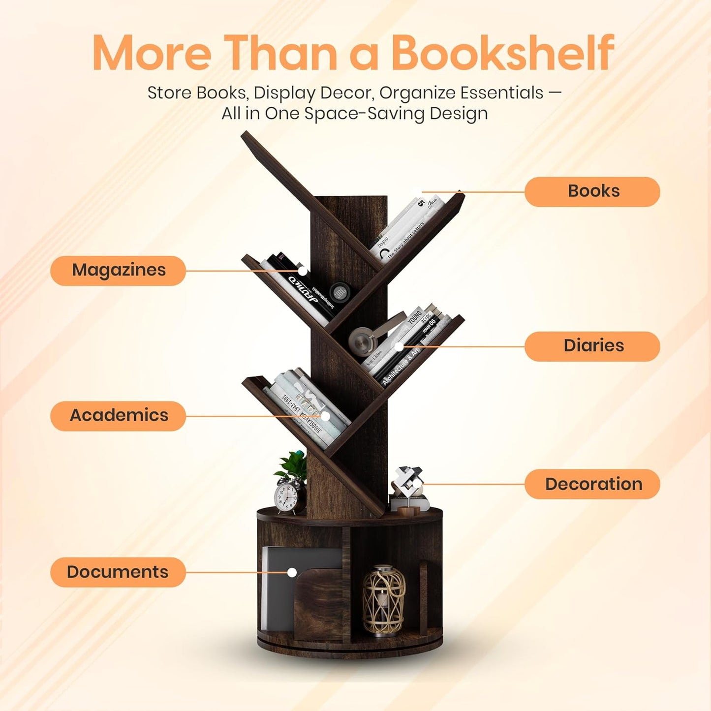 Rotating Bookshelf Tree, 5 Tier Space Saving Narrow Bookcase, Unique 360° Spinning Tower, Premium Wood Corner Book Shelf for Kids or Office, Tall Standing Storage Organizer