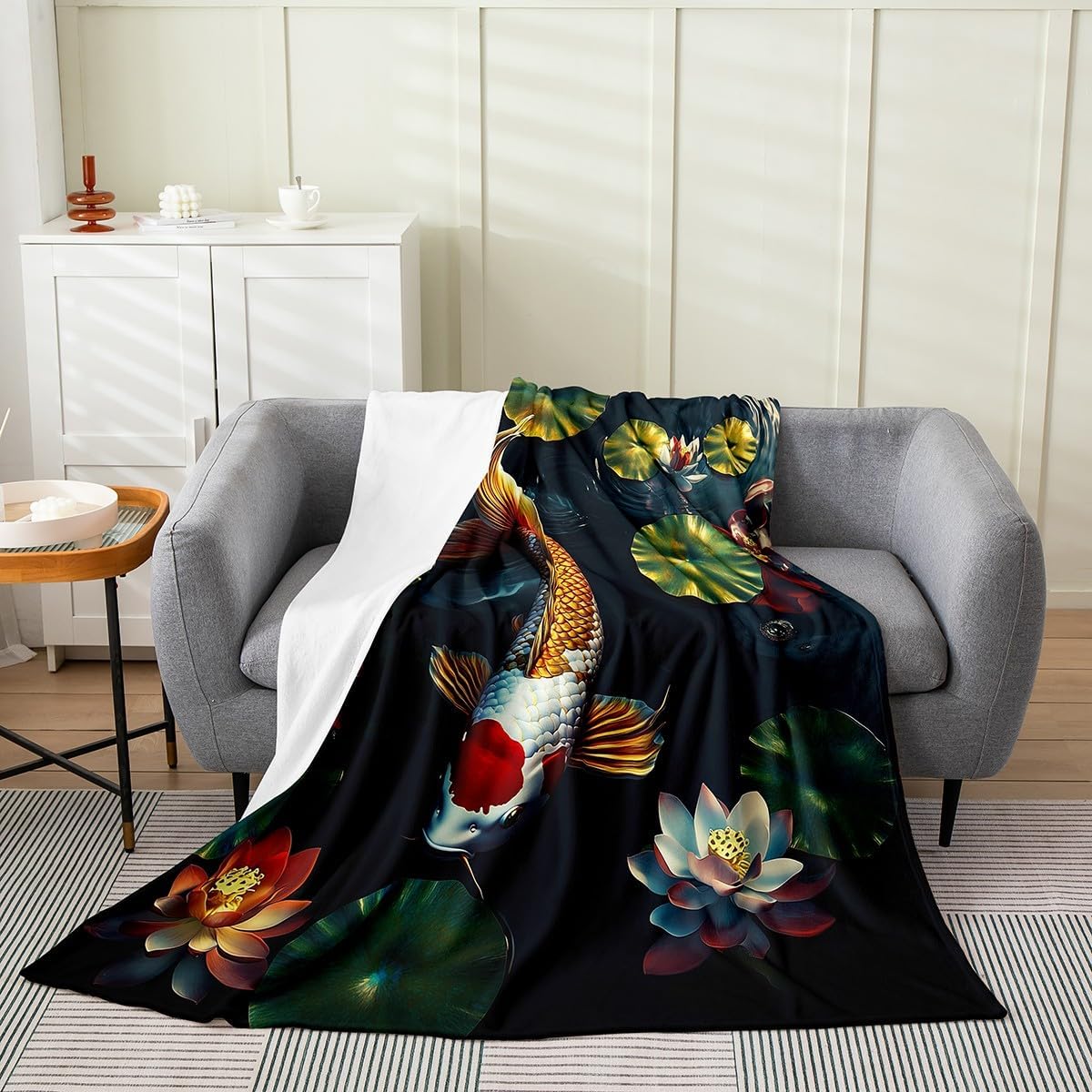 Japanese Koi Fish Flannel Blanket Throw 50"x60" Warm Lightweight,Gold Red Carp Flannel Sherpa Blanket for Boys Kids Teens,Boys Girls Japanese Style Fuzzy Blanket,Farmhouse Style Blanket