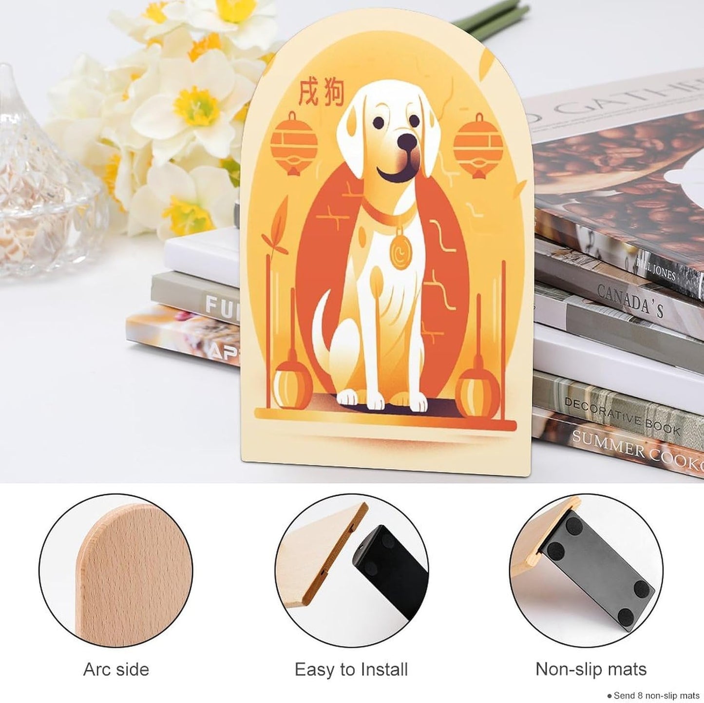 A Dog Sitting Bookend for Shelves Wooden Book End Large Size Sturdy Book Holders Stoppers with Metal Base for Bookshelves Slick Decorative Bookends Stands