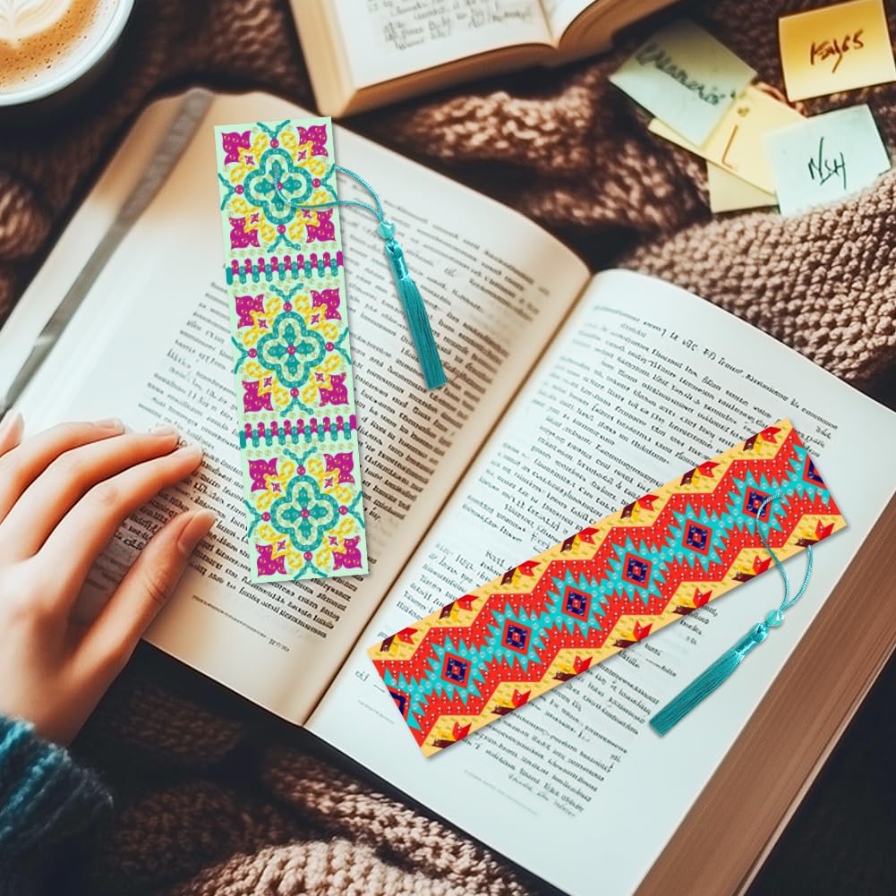 6Pcs Geometric 5D Diamond Art Bookmarks Vintage Floral Diamond DIY Painting Bookmarks Rhinestones Beaded Acrylic Tassel Bookmark for Adult Beginner Crafts