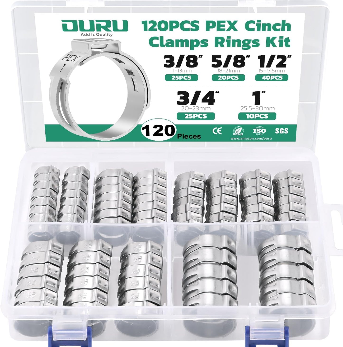 120PCS Pex Crimp Rings Assortment,304 Stainless Steel Pex Clamps 3/8",1/2",3/4",5/8",1" Single Ear Hose Clamps,Pex Cinch Clamps for Pex Fittings Pipe Tubing