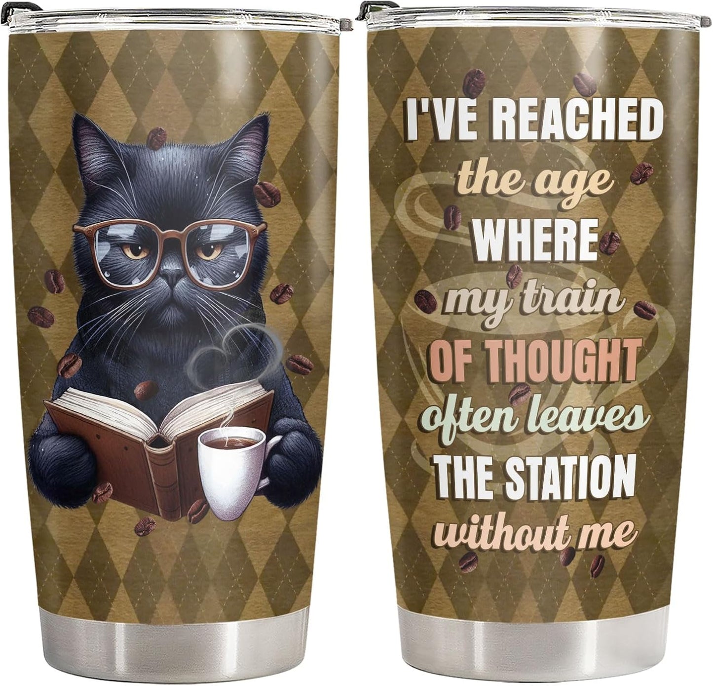 34HD Cat Bookish Tumbler 20oz Stainless Steel Insulated Travel Coffee Cup - Funny Book Lover Gift for Feline Mom on Birthday, Mother's Day & Christmas