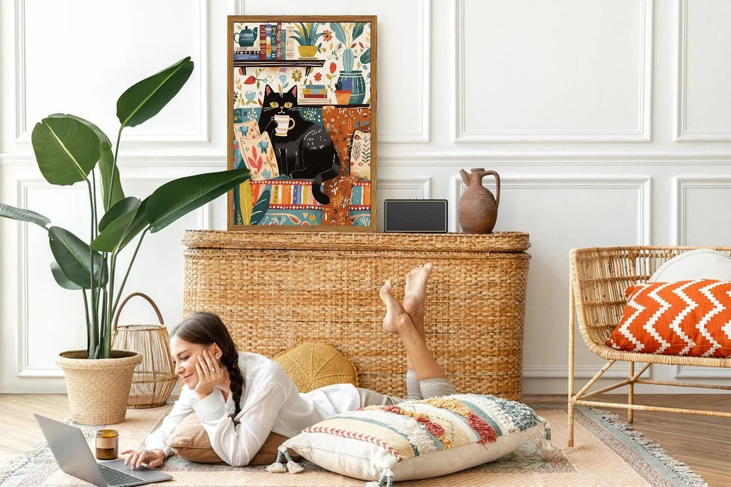Framed Funny Black Cat Canvas Wall Art, Cute Cat Drinking Coffee on Sofa Pictures Wall Decor, Eclectic Animal Paintings Prints Boho Home Decor for Living Room Cafe Kitchen Bar 16x24 inch