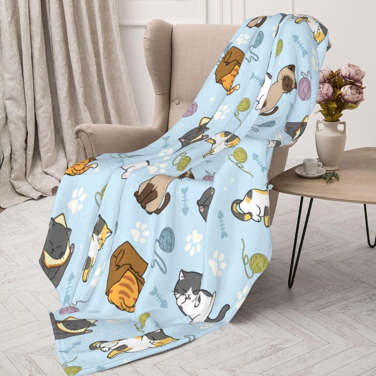 Soft Fluffy Cat Pattern Blanket, Cute Feline Design Cozy Throw Blanket for Adults Kids Pet,Lightweight Warm Plush Fleece Blanket for Couch Bed Sofa, for Cat Lovers 60"x50"