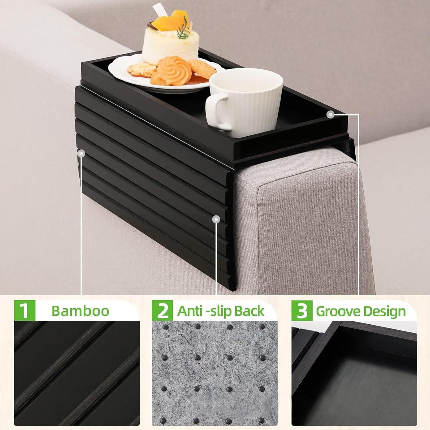 LESSF Couch Armrest Table, Bamboo Couch Arm Tray Sofa Arm Tray with Cup Mats, Anti-Slip Arm Chair Table Trays Sofa Side Table Sofa Arm Table for Remote Control, Drinks, Snacks, Phone, Cups (Black)