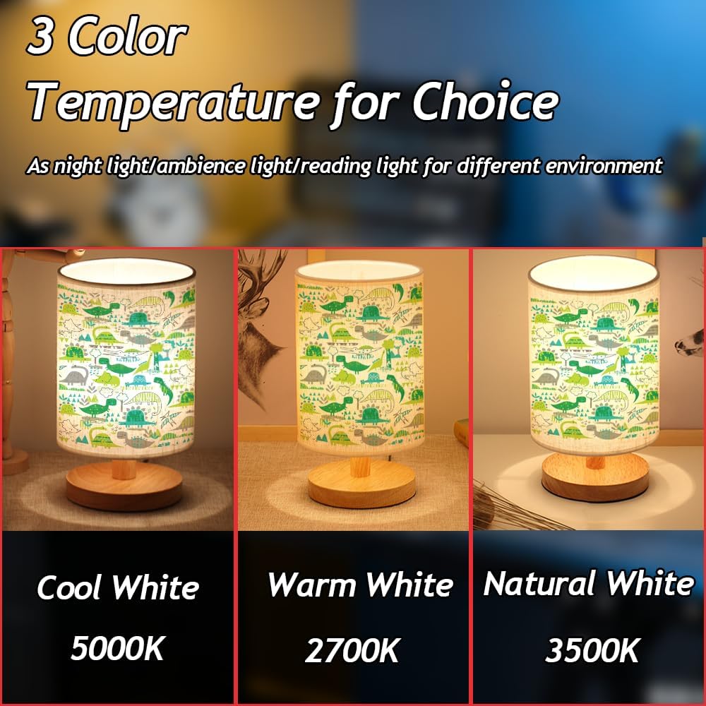 Dinosaur Kids Bedside Table Lamp for Bedroom, 3 Colors Nightstand Light Lamp with Wood Base Round Flaxen Fabric Shade Desk Reading Lamp for Girls Boys Room Decor, Dinosaur Nursery Stuff Boys Gifts