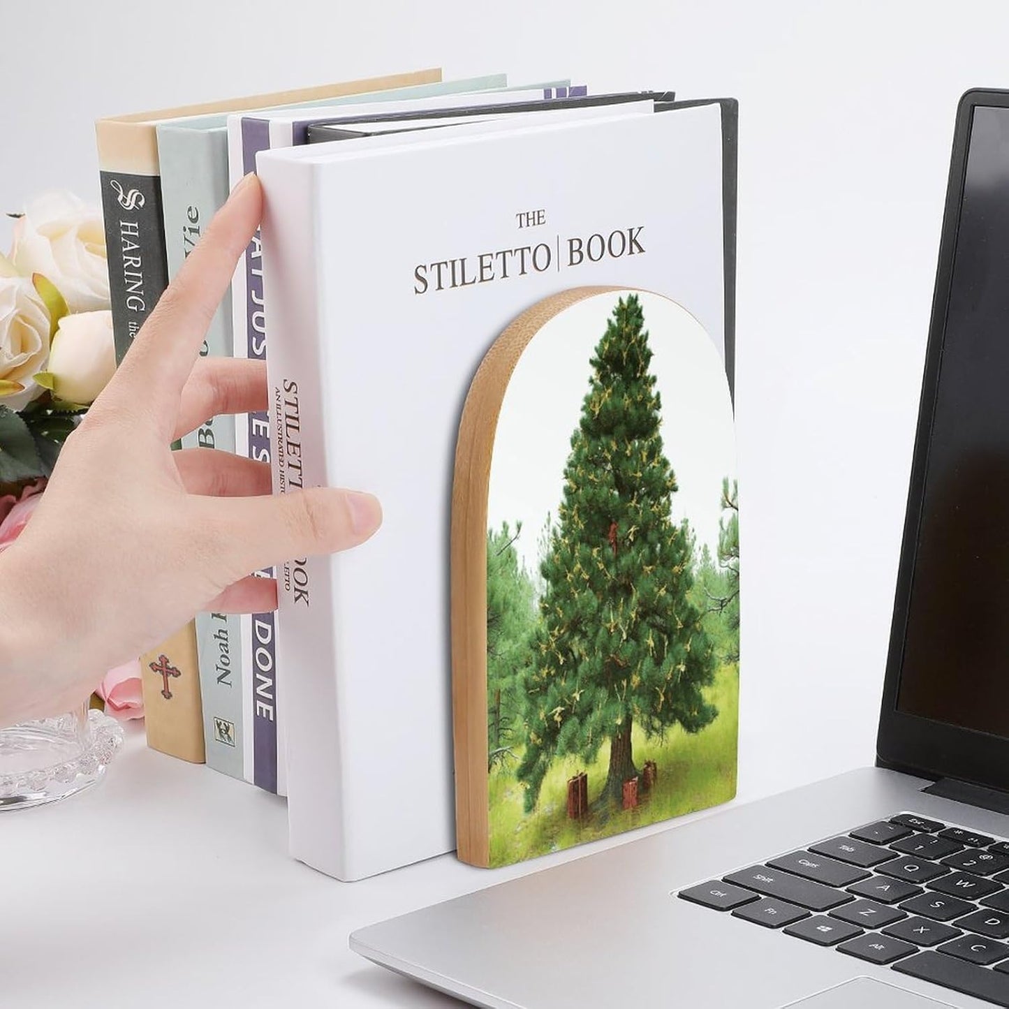 Garlad Pine Tree Bookend for Shelves Wooden Book End Large Size Sturdy Book Holders Stoppers with Metal Base for Bookshelves Slick Decorative Bookends Stands