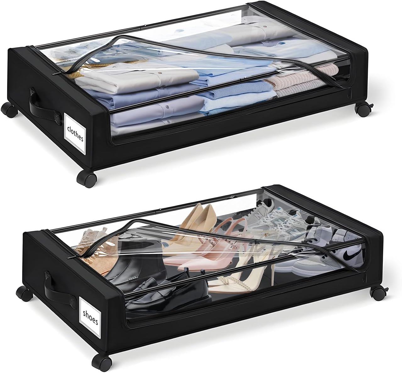 Under Bed Storage with Wheels, 35L Large Capacity Underbed Storage Container with Clear Lid & Label, Rolling Metal Drawer for Clothes, Shoes, Toys, Books, Blankets, Black