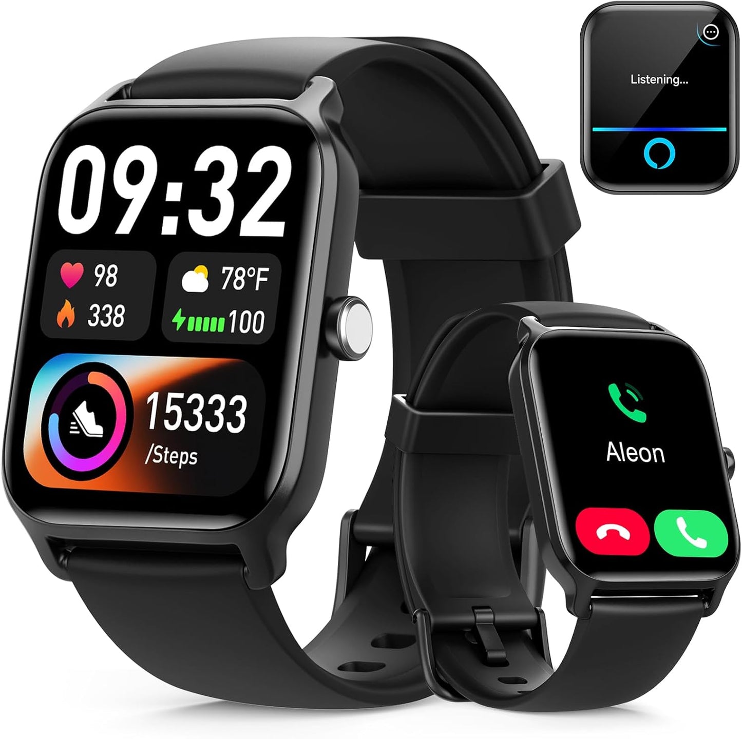 Smart Watches for Women Men, 1.85” HD Touchscreen Fitness Tracker with Call & Message Alerts, 24/7 Heart Rate/Sleep Monitor,100+ Sport Modes, 2ATM Waterproof Smart Watch for Android iPhone (Black)