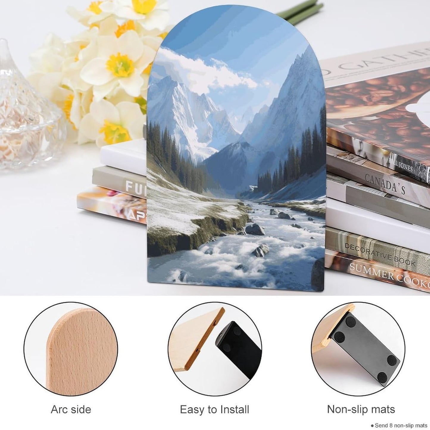 Snowy Mountains Bookend for Shelves Wooden Book End Large Size Sturdy Book Holders Stoppers with Metal Base for Bookshelves Slick Decorative Bookends Stands