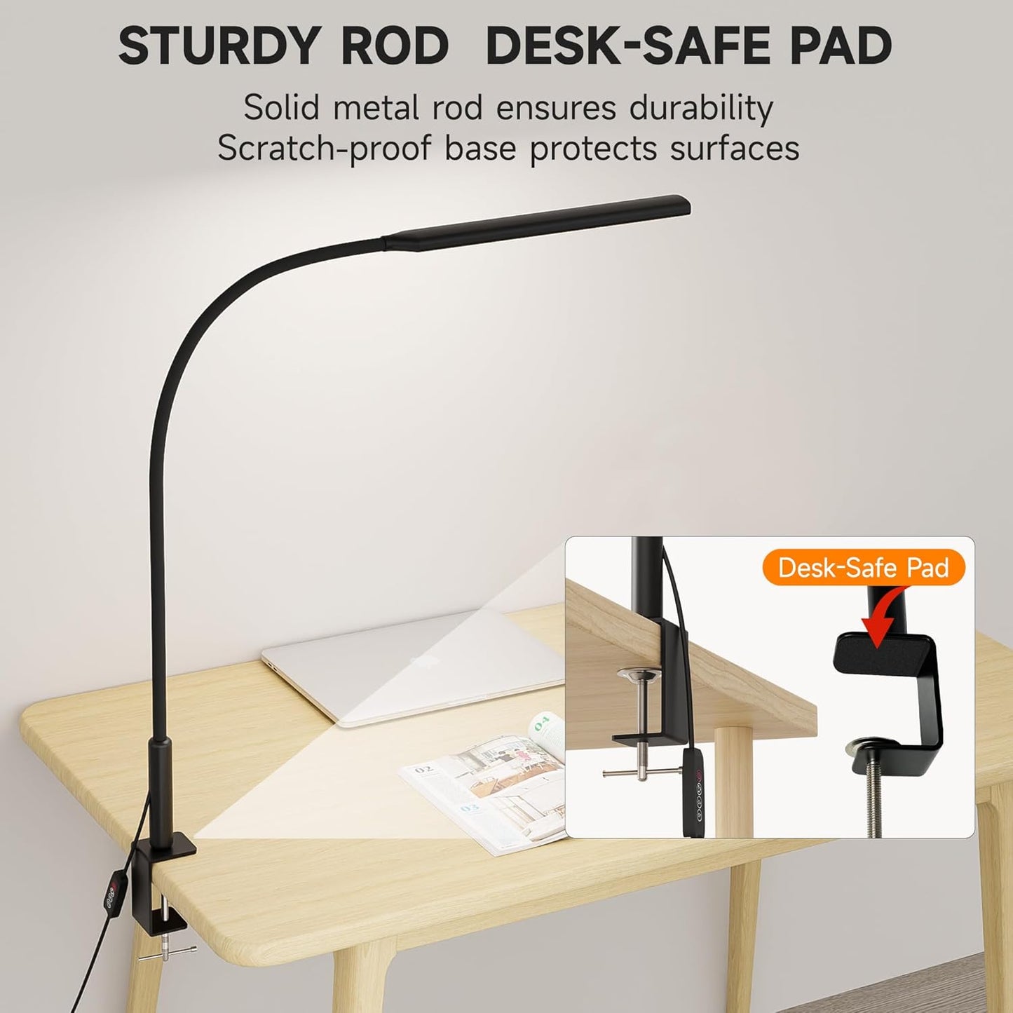 LED Desk Lamp with Clamp, Eye Caring Clip Light for Home Office, 3 Colors Stepless Dimming, Flexible Gooseneck Table Lamp with USB Adapter for Nail Reading Working Workbench Drawing Gaming (Black Pro)