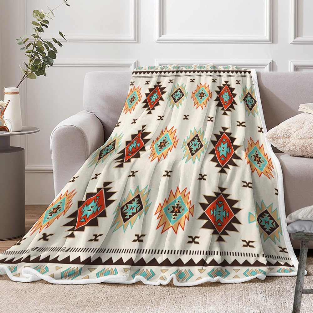 Southwestern Throw Blanket, Western Native American Tribal Navajo Boho Soft Warm Cozy Plush Comfy Blanket for Couch Bed Sofa, Aztec Geometric Fleece Flannel Throws for Living Room Bedroom 60X80IN