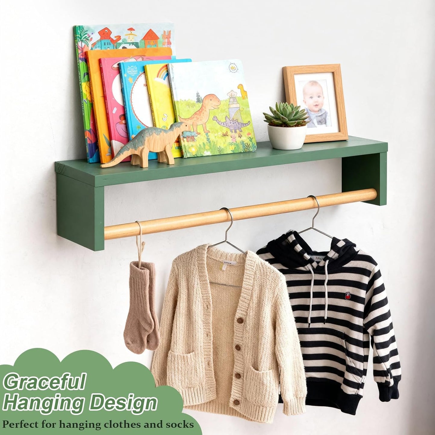 16 Inch Floating Book Shelves for Nursery Set of 3 Sage Green Wood Hanging Bookshelf Room Wall Shelf for Toys Decorative Displays Storage Nursery Decor