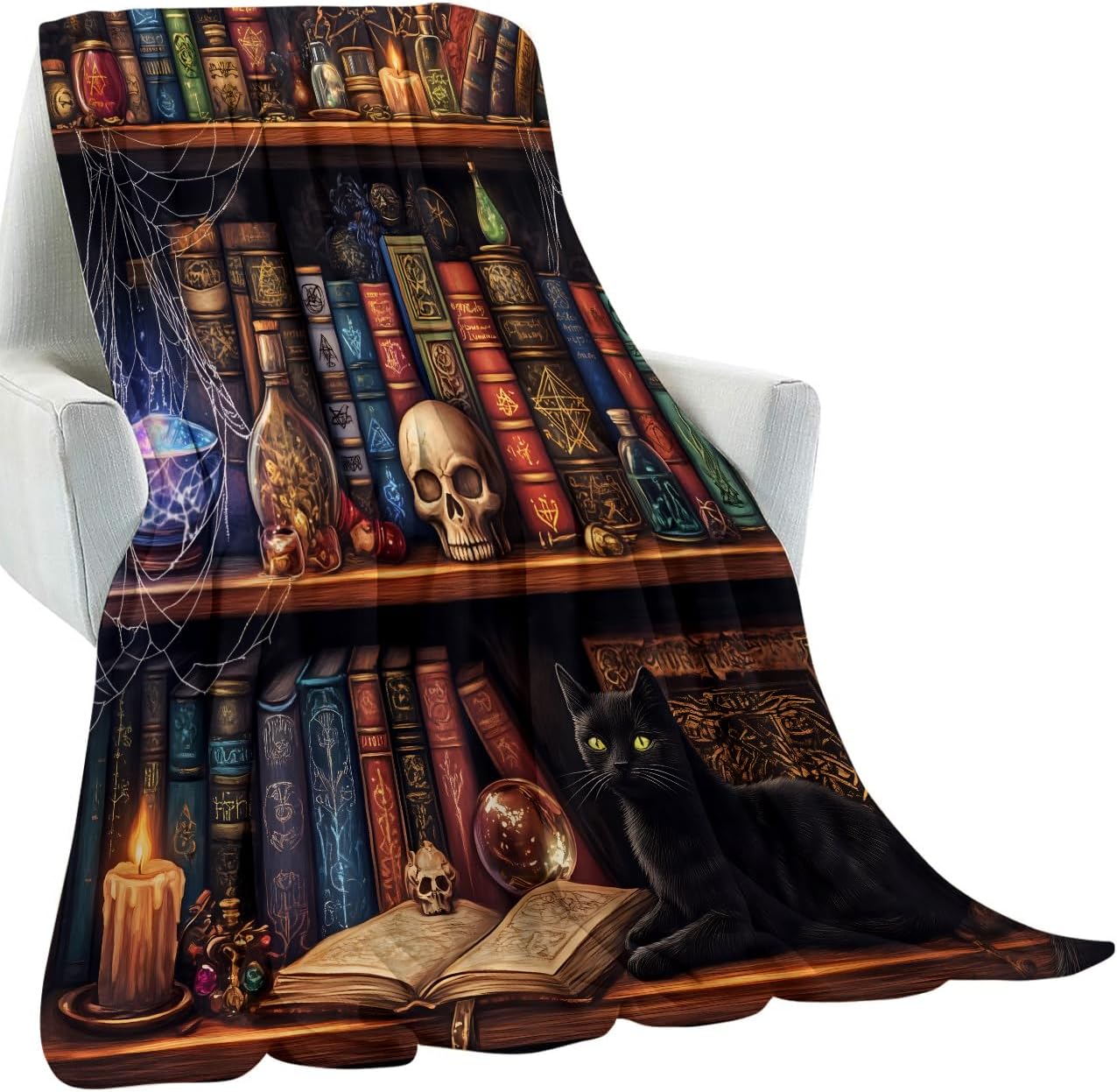 Gothic Library Blanket Gifts for Women Adult Girls,Goth Witches Bookshelf Throw Blankets,Soft Comfy Lightweight for Home Halloween Couch Bed Sofa Decor Skulls Black Cat Potions Design 50x60in