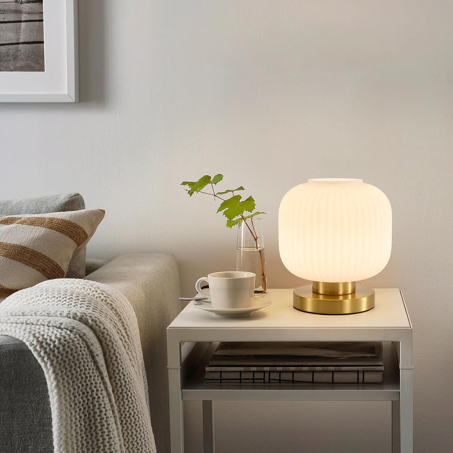 Dimmable Small Glass Table Lamp: Mid Century Modern Nightstand Light with Milk White Shade - Small Decorative Brass Desk Lamp - Ribbed Glass Bedside Tables Lamps for Bedroom Living Room Bulb Excluded