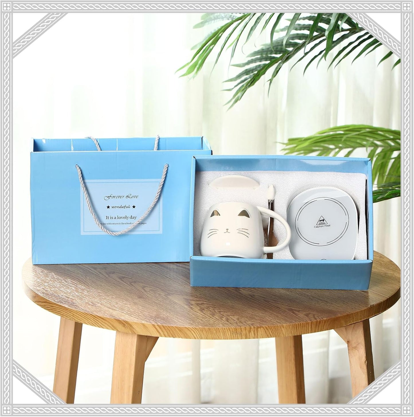 Cat Coffee Cup Coffee Warmer with Mug for Women Electric Mug Heater Temperature Control Ceramic Cute Cat Warmer for Office Valentine' Day Birthday Gift(White)
