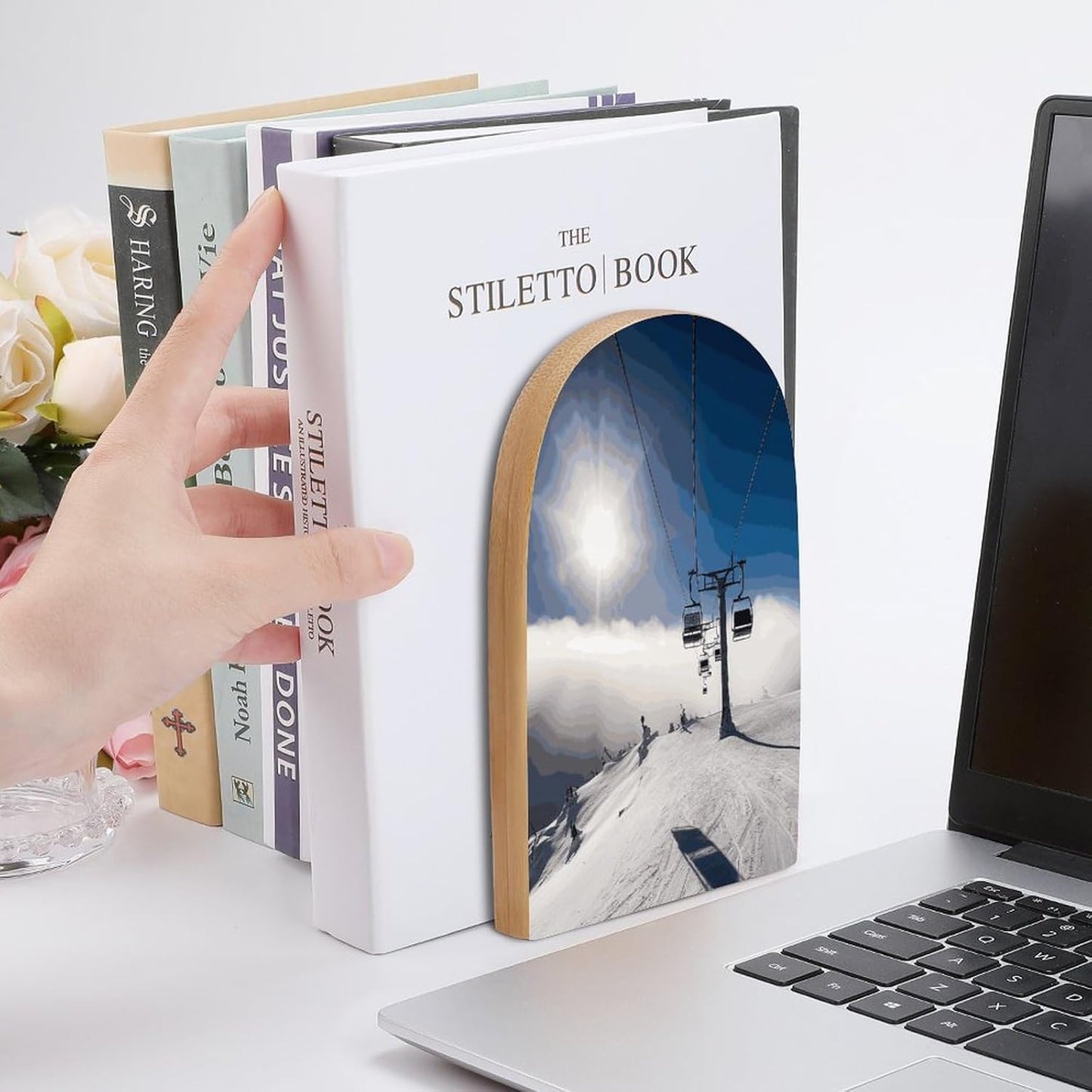 Ski Lift at Sunshine Bookend for Shelves Wooden Book End Large Size Sturdy Book Holders Stoppers with Metal Base for Bookshelves Slick Decorative Bookends Stands
