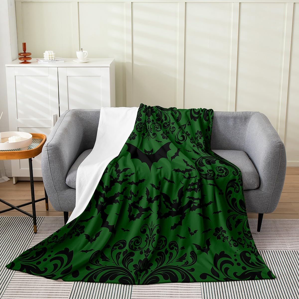 Erosebridal Bats Blanket Queen 90x90, Florals Vintage Damask Luxury Soft Throw Blanket for Bedroom, Animals Baroque Halloween Theme Fleece Blanket, Green Black Victorian Horror Fuzzy Blanket
