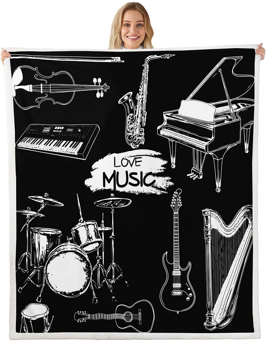 Feelyou Guitar Fleece Throw Blanket for Sofa Couch Drum Kit Piano Music Themed Sherpa Blanket Black White Musical Pattern Warm Plush Blanket Room Decor Instruments Print Fuzzy Blanket Throw 50"x60"