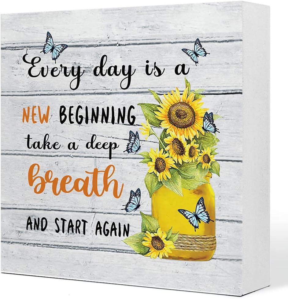 Everyday Is A New Beginning Farmhouse Sunflowers Wooden Sign Desk Decor, Inspirational Wood Block Signs for Home, Bedroom, Office