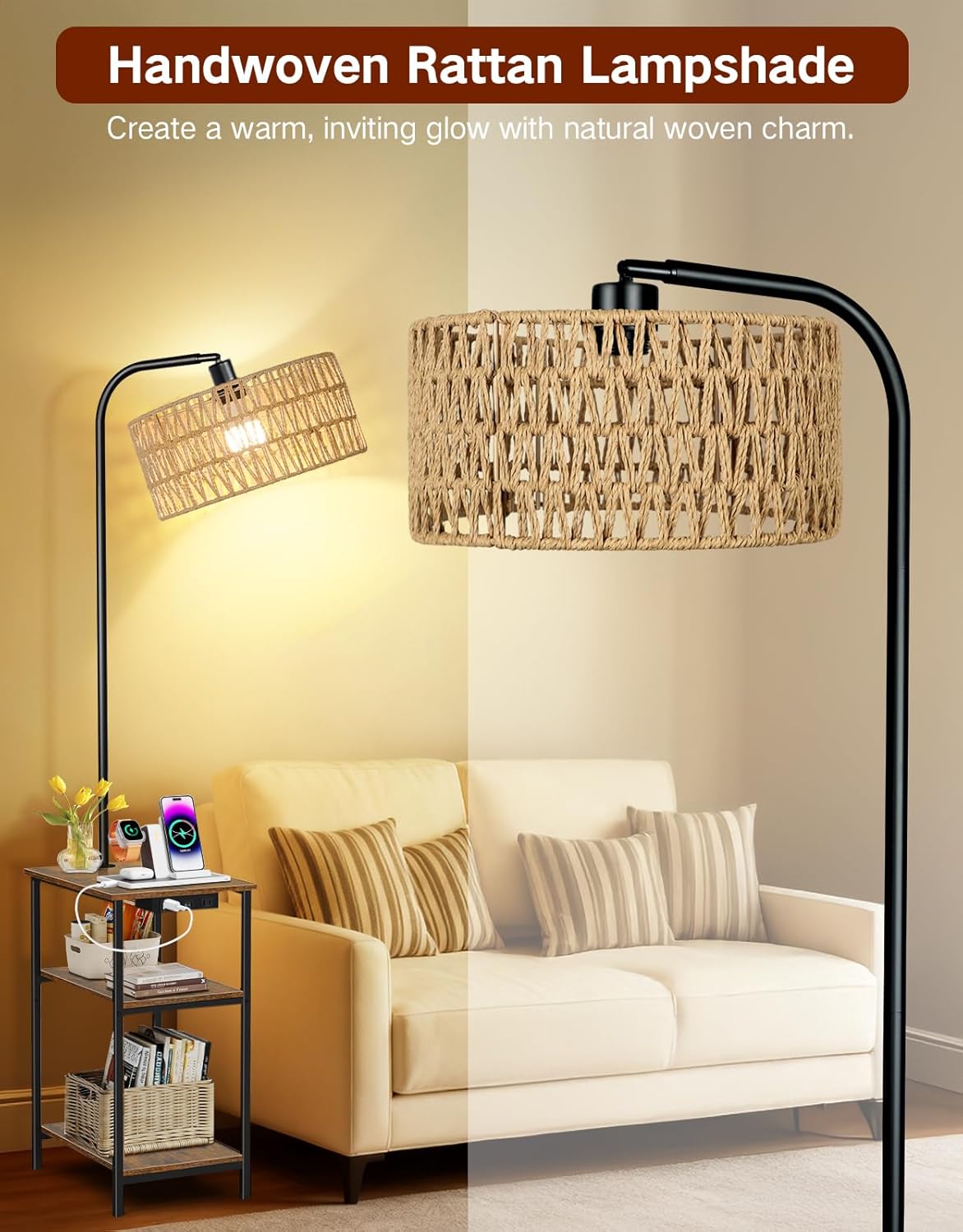 Floor Lamp with Table & Rattan Shade, Side End Table with Charging Station, Dimmable Nightstand with 3 Color Temperatures, 1-Hour Timer, 12W LED Bulb, for Living Room, Bedroom(Rustic Brown)