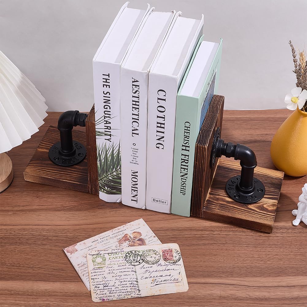 WADORN Decorative Book End, Handmade Heavy Duty Book Holders with Modern Industrial-Style Pipe Design Rustic Non-Skid Thickened Wooden Bookends for Home Library Office Desktop Bookshelf Decor