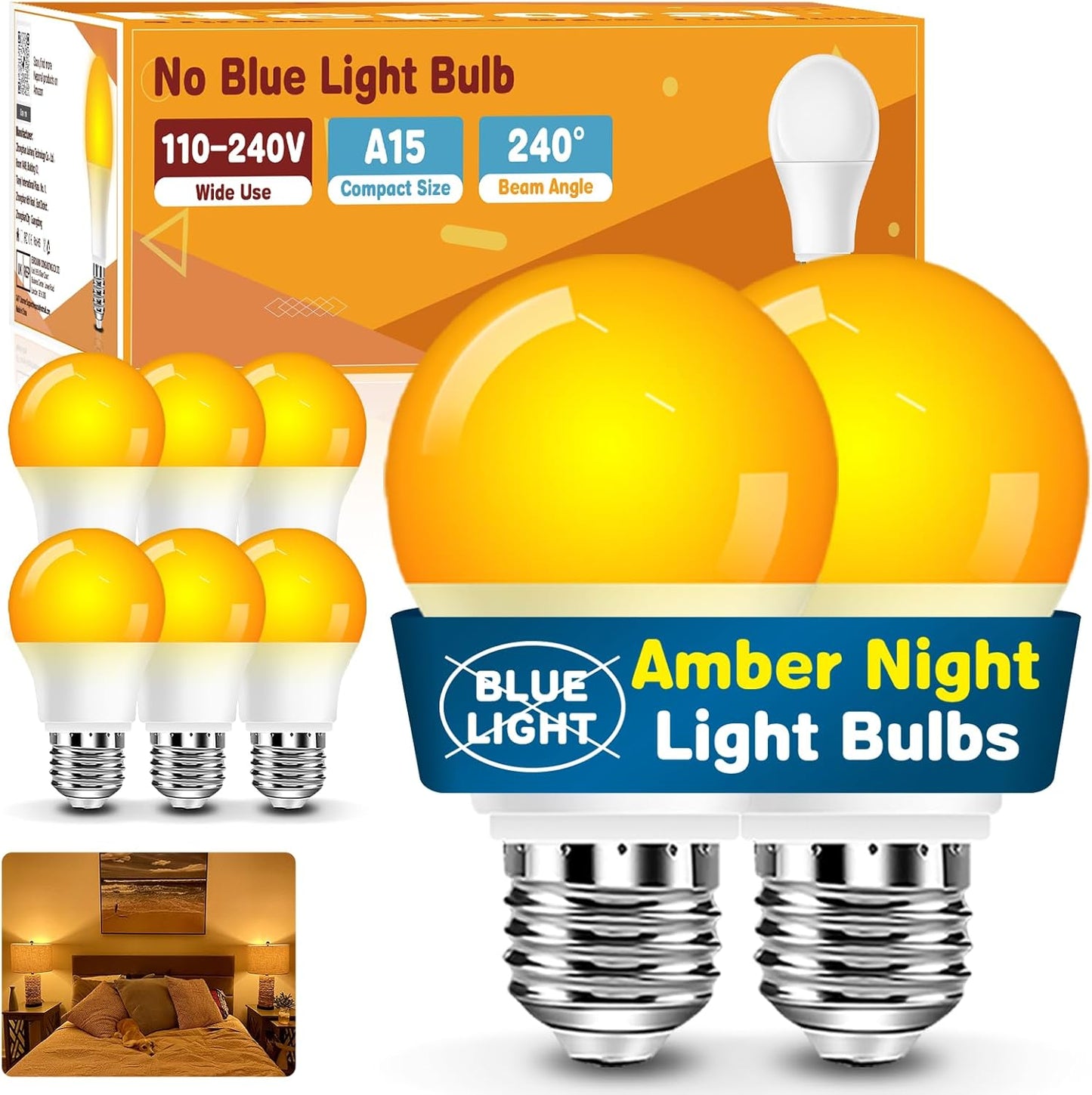 Neporal A15 Amber LED Light Bulb 1800K, True Blue Light Blocking Sleep Aid Bulb for Bedroom Nursery, 7W Replacement for 40W, Soft Warm Glow to Protect Melatonin, E26 Base (8, Amber)