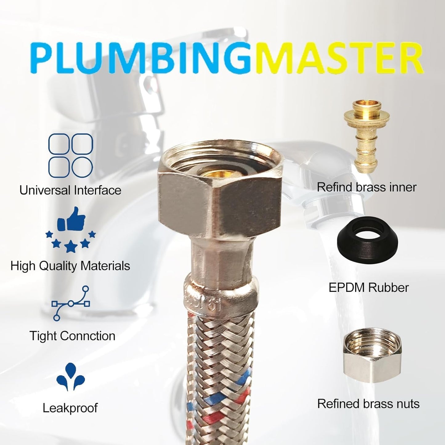 [10-Pack] PLUMBINGMASTER Faucet Hose,Faucet Supply Lines (3/8" Comp x 1/2" FIP), Certified Safe Supply Lines for Bathroom Faucet (16 inch)