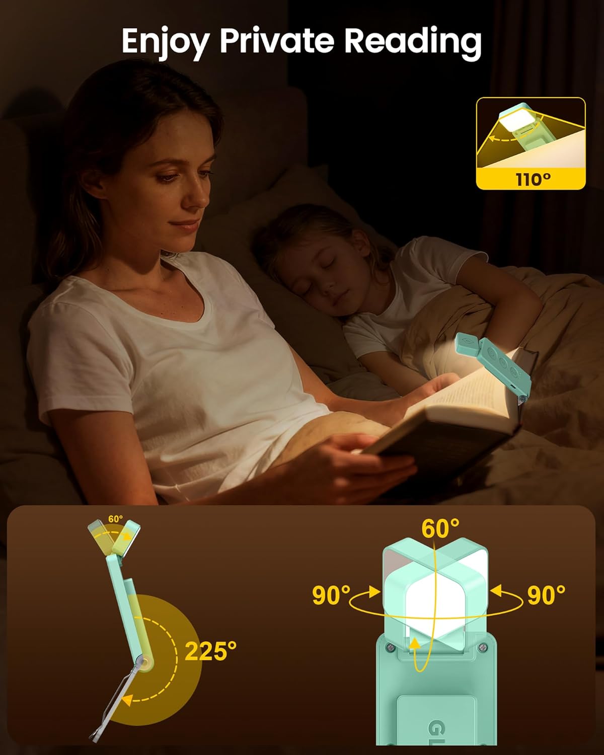 Glocusent 12 LED Rechargeable Book Light, Clip-on Reading Light with 5 Colors & 5 Brightness Levels, Up to 100Hrs Runtime, Eye-Caring Reading Lights for Books in Bed, Perfect for Book Lovers, Kids