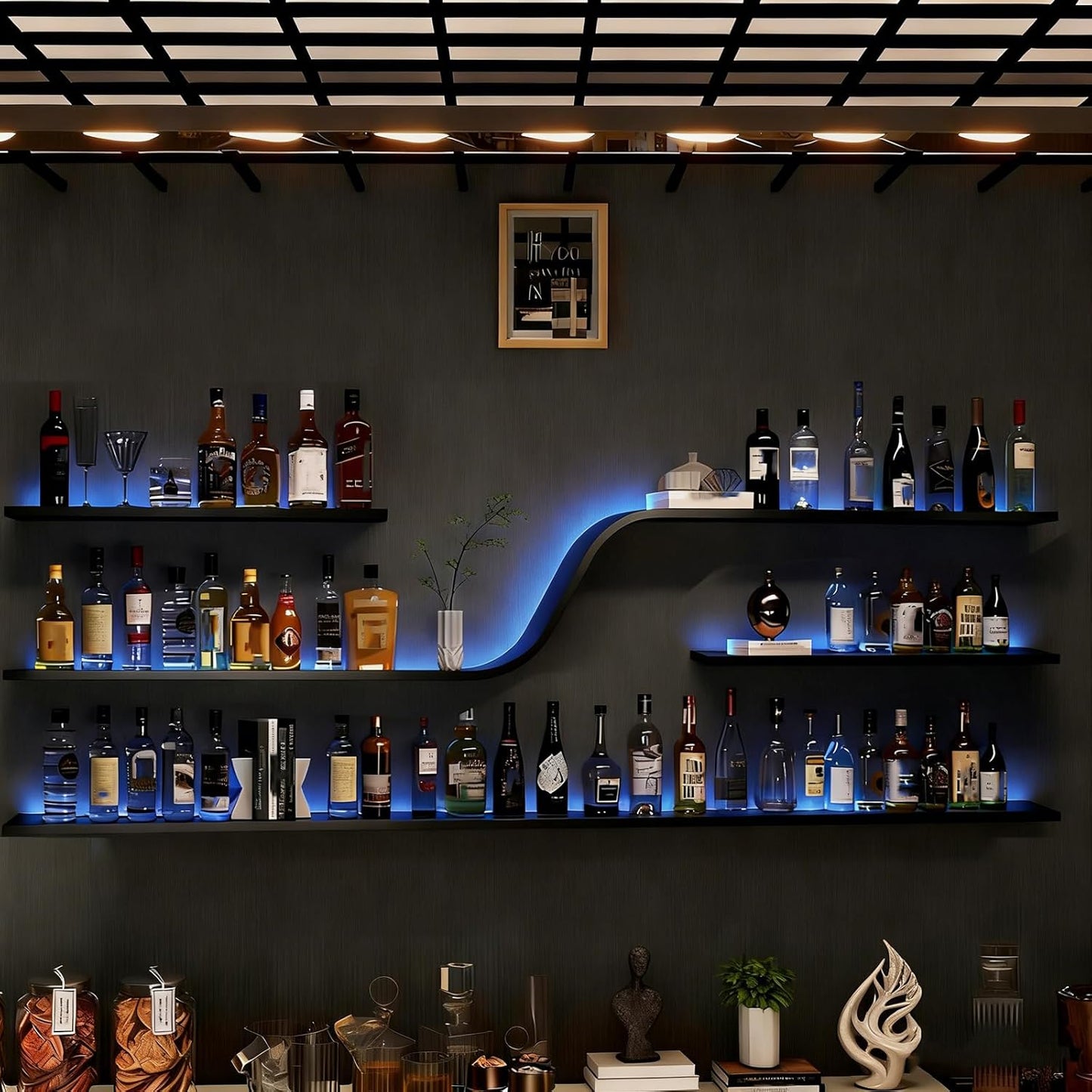 Modern Wall Mounted Wine Rack with Blue LED Light, 3-tiers Metal Curved Bar liquor Bottles Display Shelf, Large Floating Bar Shelves Storage for Home bars, kitchens Coffee Shop (Black, 47in)