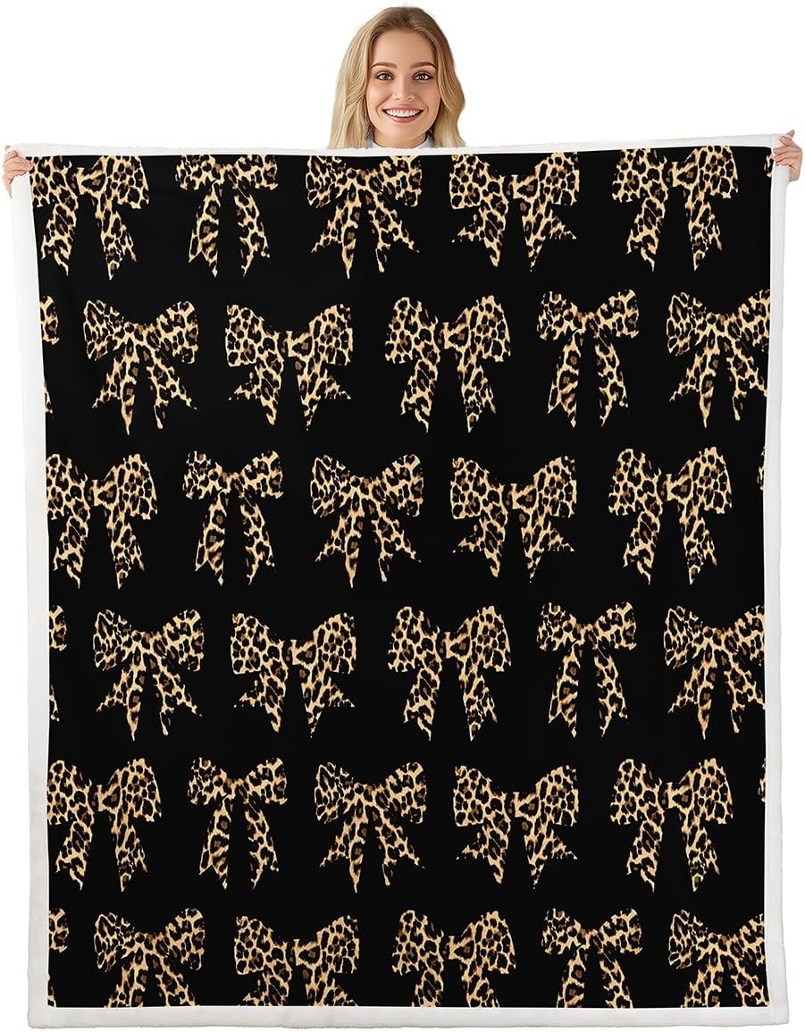 Erosebridal Cheetah Bow Blanket Throw 50x60,Coquette Bowknot Throw Blanket for Kids Boys Girls Women,Brown Abstract Leopard Print Fuzzy Fleece Blankets