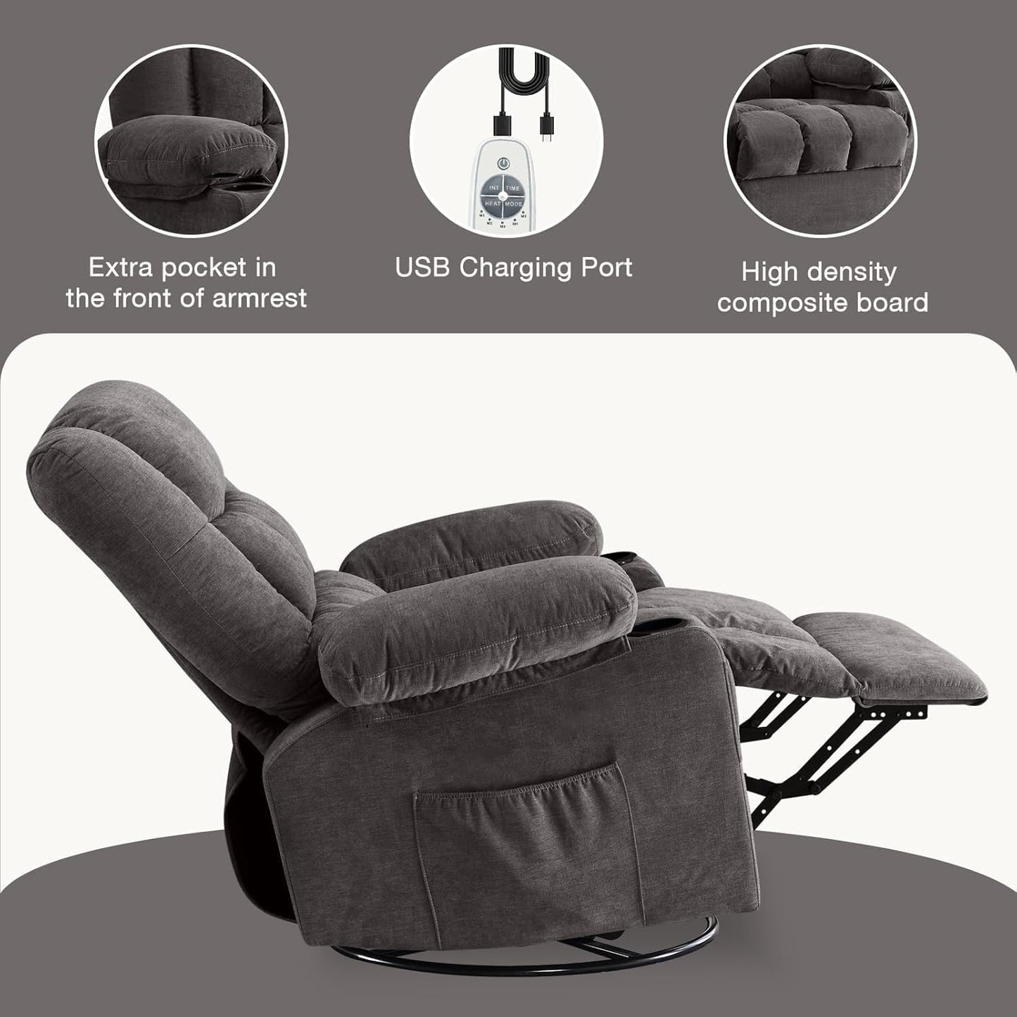 Massage Swivel Rocker Recliner Chair with Vibration and Heat Ergonomic Lounge Chairs Rocking Function and Side Pocket for Living Room Bedroom Meeting