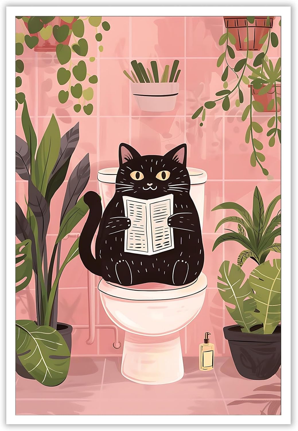 DVBOCS Funny Bathroom Black Cat Posters Cute Pets Cat Reading Newspaper On The Toilet Wall Art Print Vintage Cute Humorous Animal Plants Poster For Bathroom Toilet Decor 12x16in Unframed