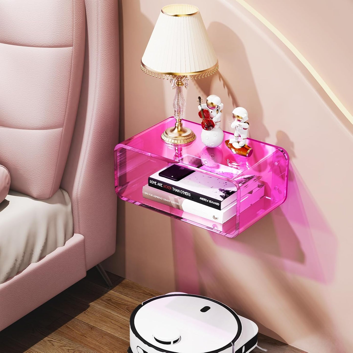 Acrylic Floating Nightstand, Bedside Table, Nightstand Shelf Wall Mounted Bedside Shelf (Pink, Small)