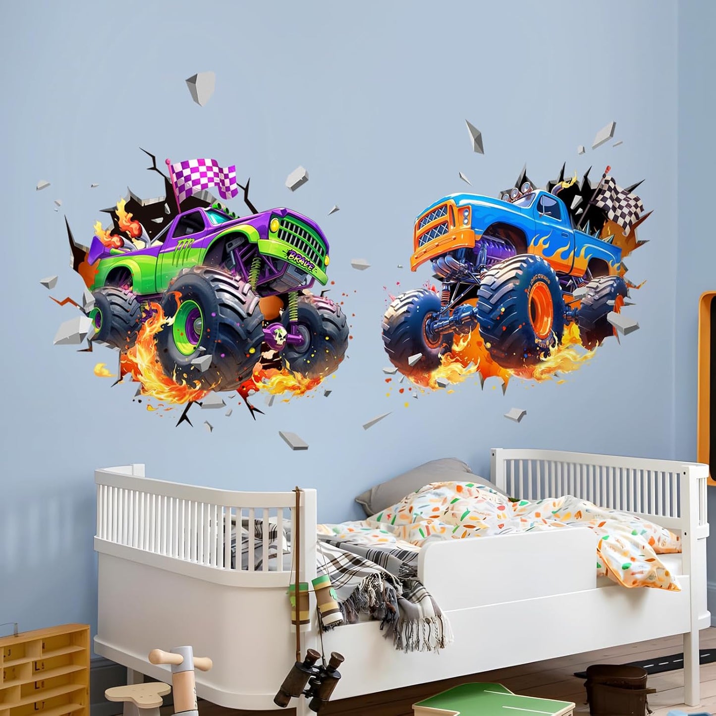 3D Racing Car Wall Decals, Truck Vehicles Wall Stickers Ball Games Peel and Stick Decal Self Adhesive Sticker for Boys Kids Room Home Decor