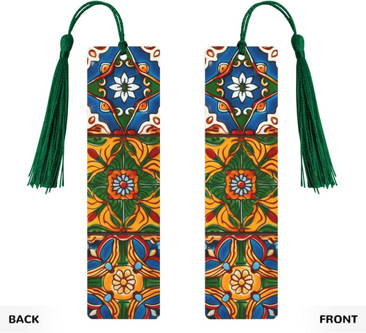 Mexican Ceramic Tile Bookmarks Gifts, Wood Bookmark for Women Men Handmade Book Mark for Book Lovers, Wood Tags Reading Page Markers Rectangle Shape Ornaments with Tassels