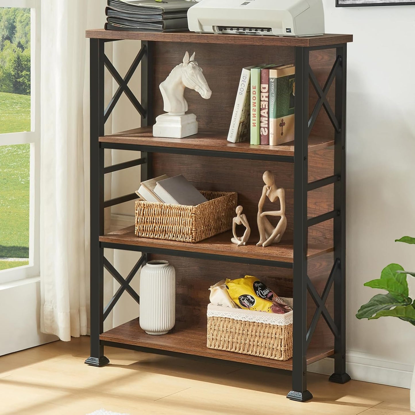 HOMBAZAAR 4-Tier Small Bookshelf, 35.4 Inch Short Book Shelf with Sturdy Metal Frame & Wood Shelves, Rustic Brown Industrial Bookcase for Living Room, Bedroom, Office